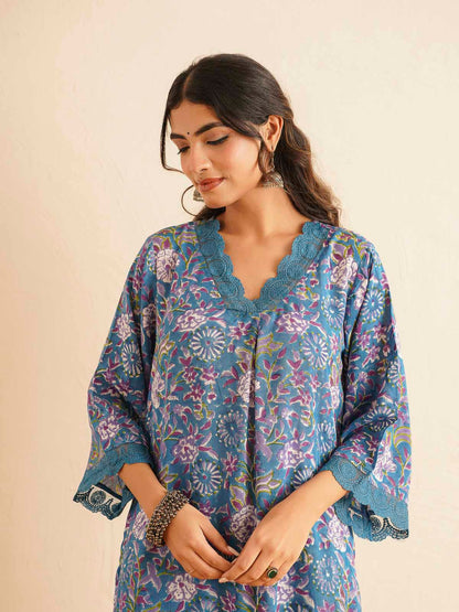 Block Printed Cotton Kurta Pant Bagiya Set Blue Purple