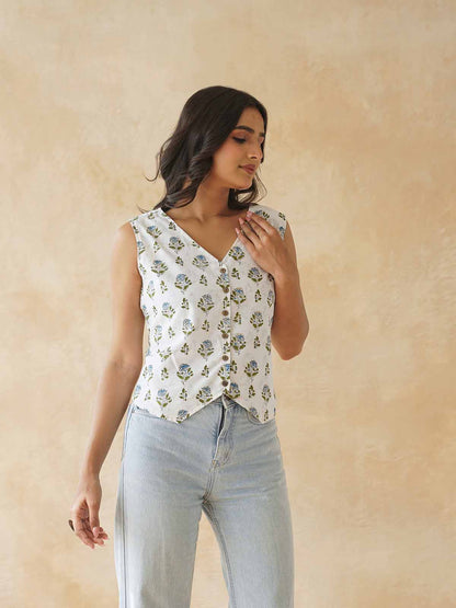 Sleeveless Cotton Block Printed Kothi Top White Booty