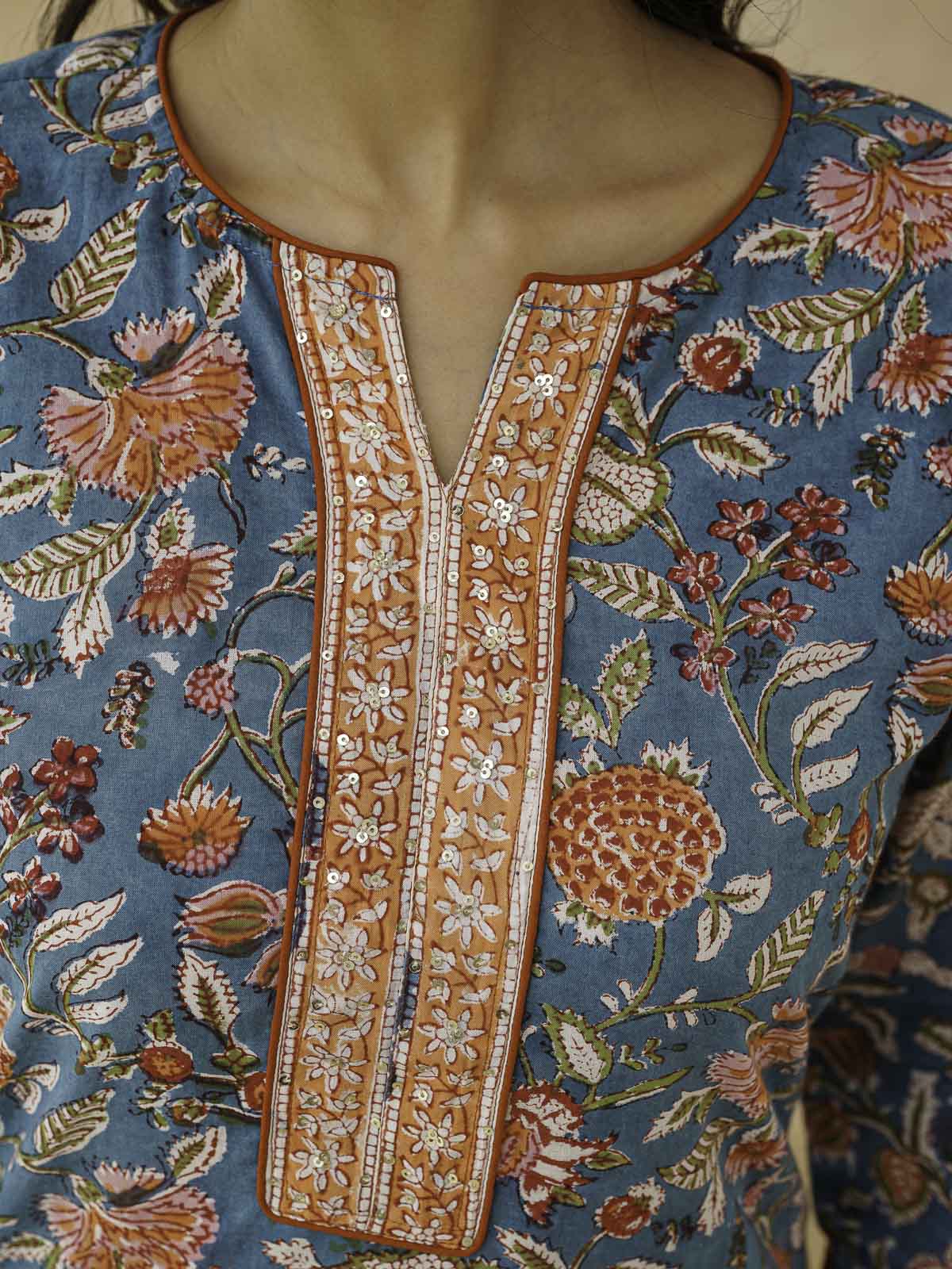 Cotton Printed Sequin Short Kurti For Women Blue Jaal