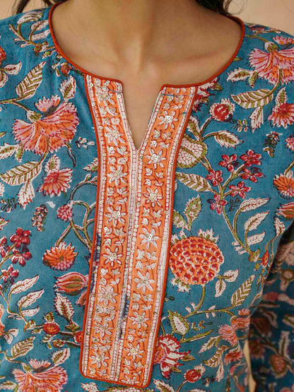 Cotton Printed Sequin Short Kurti For Women Blue Jaal