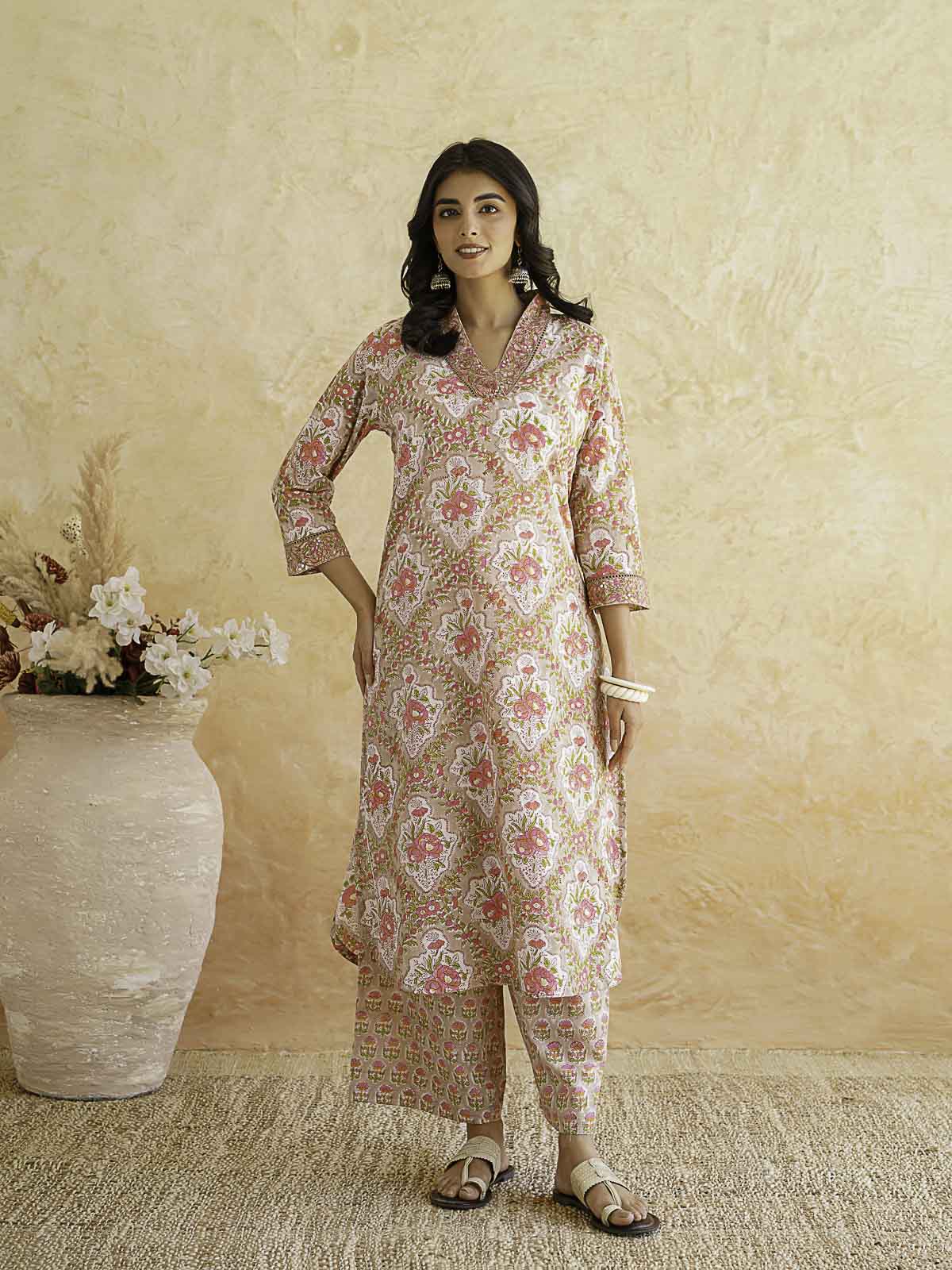 Classic Cotton Kurta Set For Women Brown