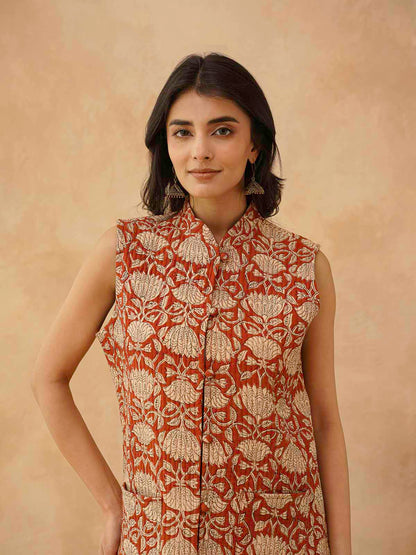 Cotton Printed Sleeveless Quilted Jacket Red Kamal