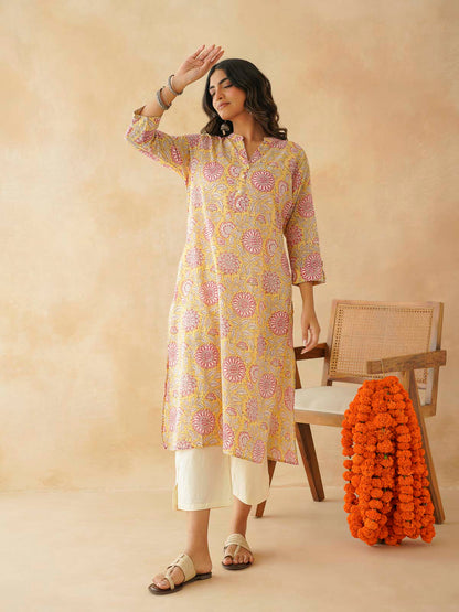 Cotton Printed Collar Neck Long Kurti For Women Yellow