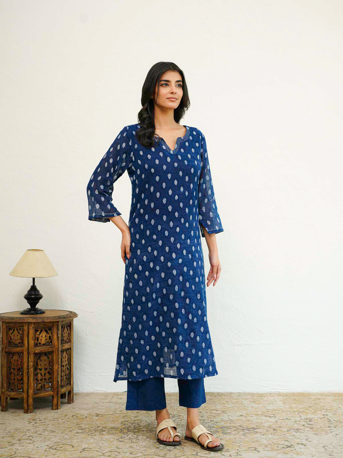 Cotton Printed Kantha Style Set For Women Indigo Eye