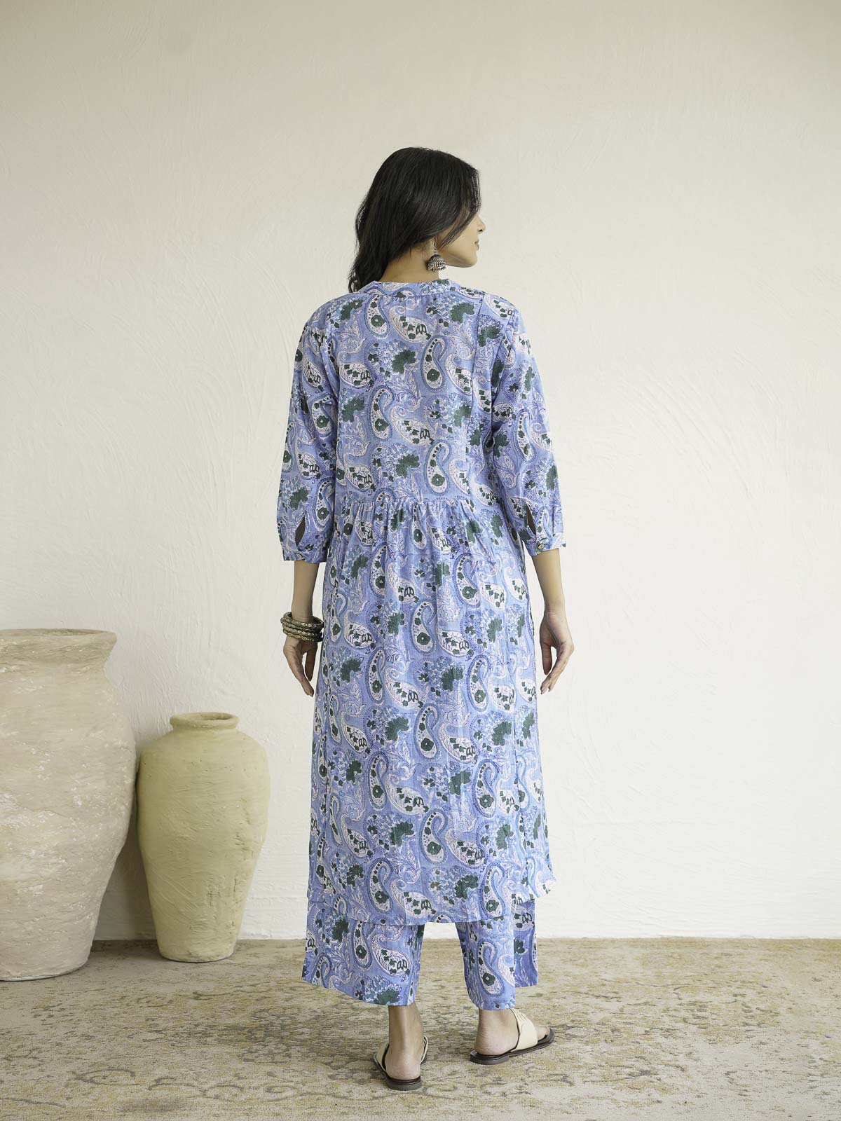 Women Ethnic Motifs Printed Cotton Pleat Set Sky Blue