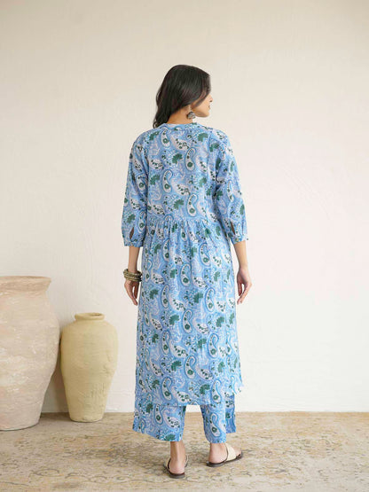 Women Ethnic Motifs Printed Cotton Pleat Set Sky Blue