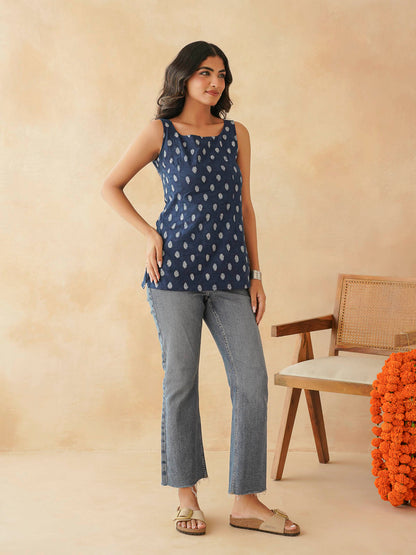 Cotton Printed Stylish Backless Tie-up Kurti Indigo