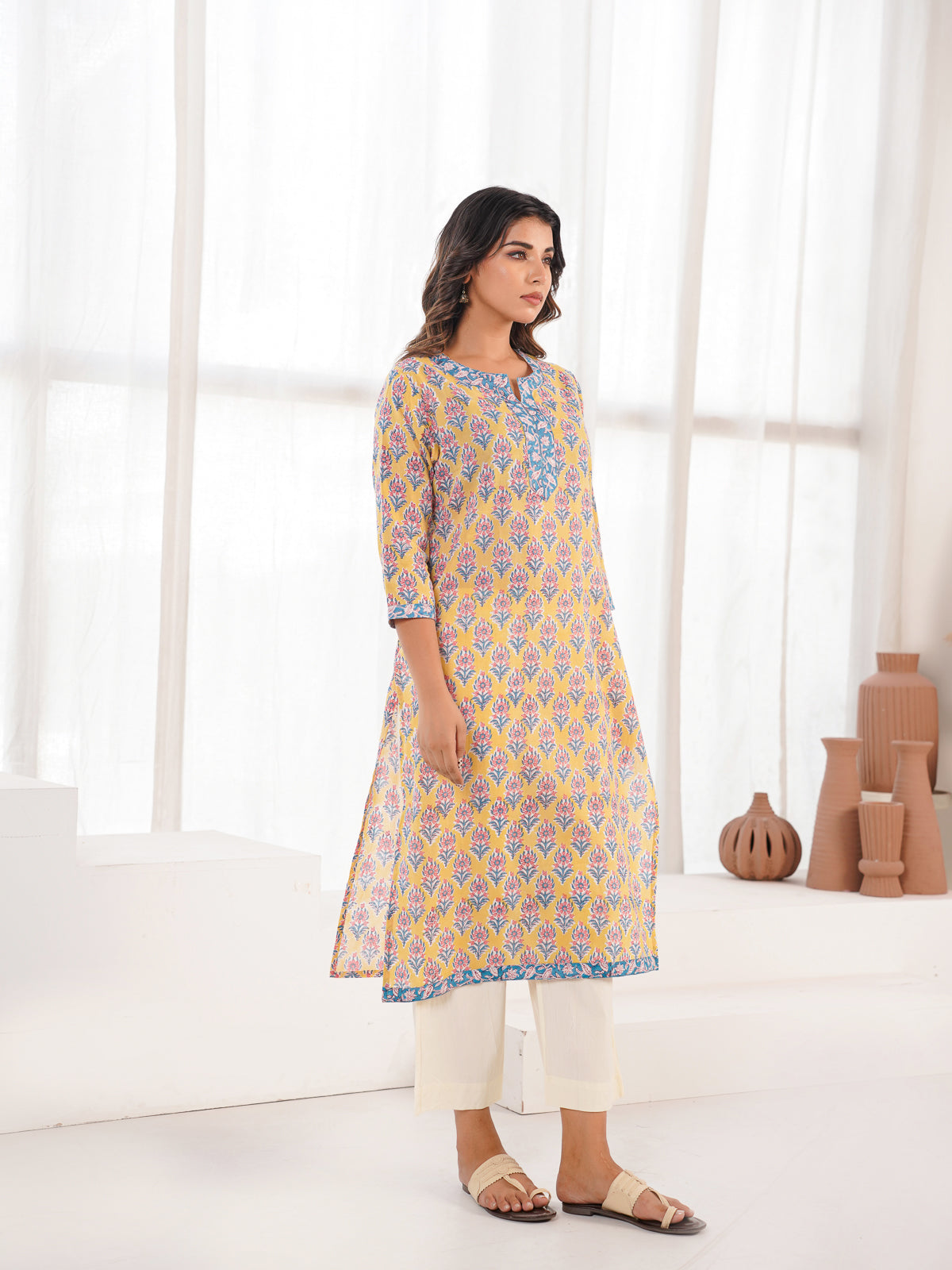 Cotton Block Printed Long Kurta Yellow