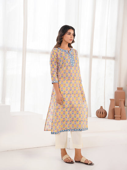 Cotton Block Printed Long Kurta Yellow