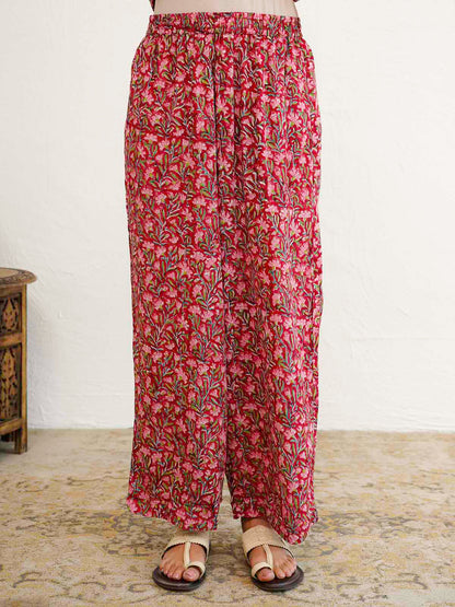 Block Printed Cotton Kurta Pant Bagiya Set Red Patti