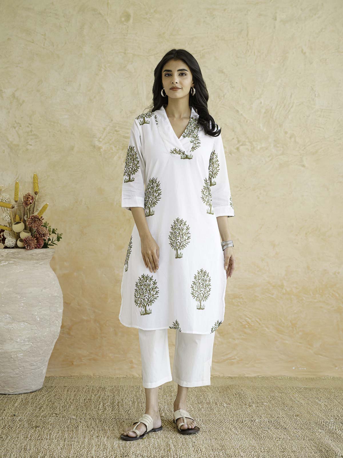 Cotton Printed Straight Kurta White