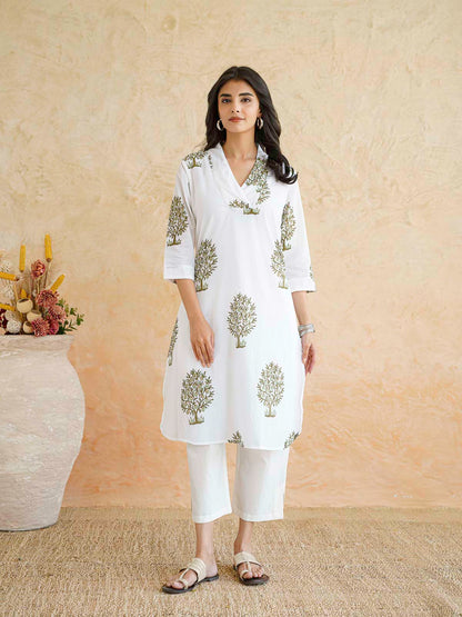 Cotton Printed Straight Kurta White