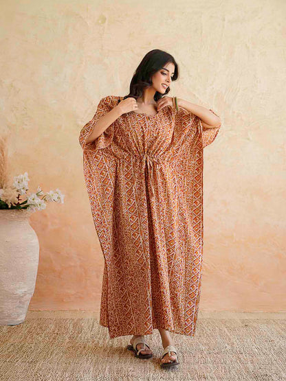 Block-Printed Cotton Long Kaftan Red Patti