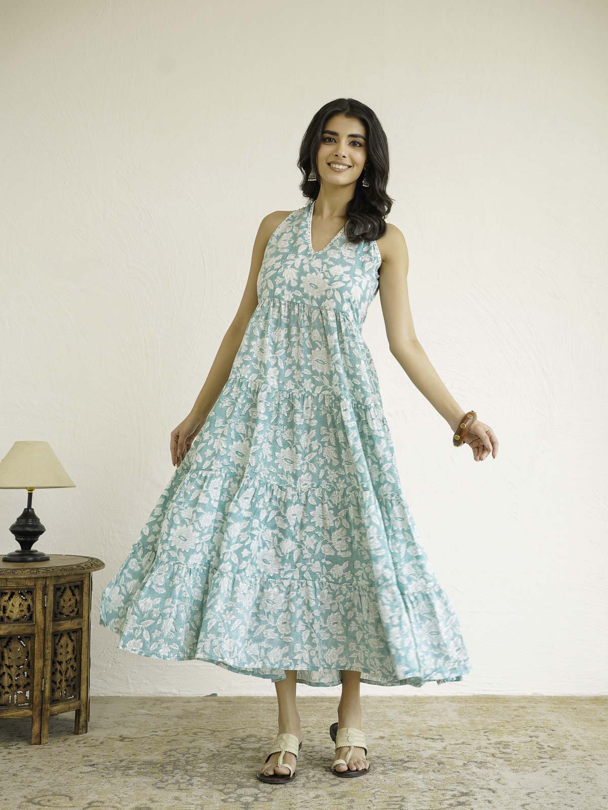 Tiered Halter Neck Dress Light Green