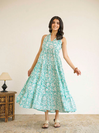 Tiered Halter Neck Dress Light Green