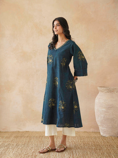 Cotton Printed Ultimate Aline Kurta For Women Indigo