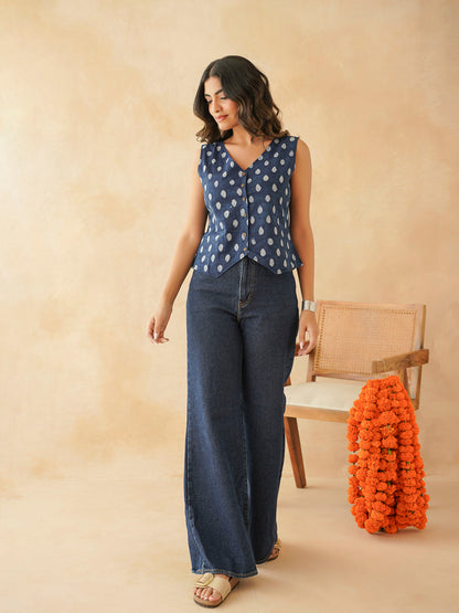 Sleeveless Cotton Block Printed Kothi Top Indigo Booty