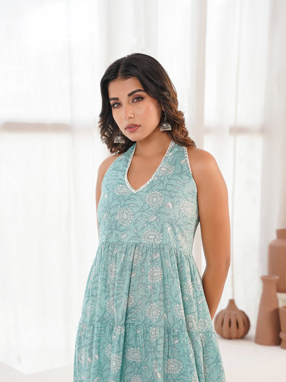 Tiered Halter Neck Dress Sea Green