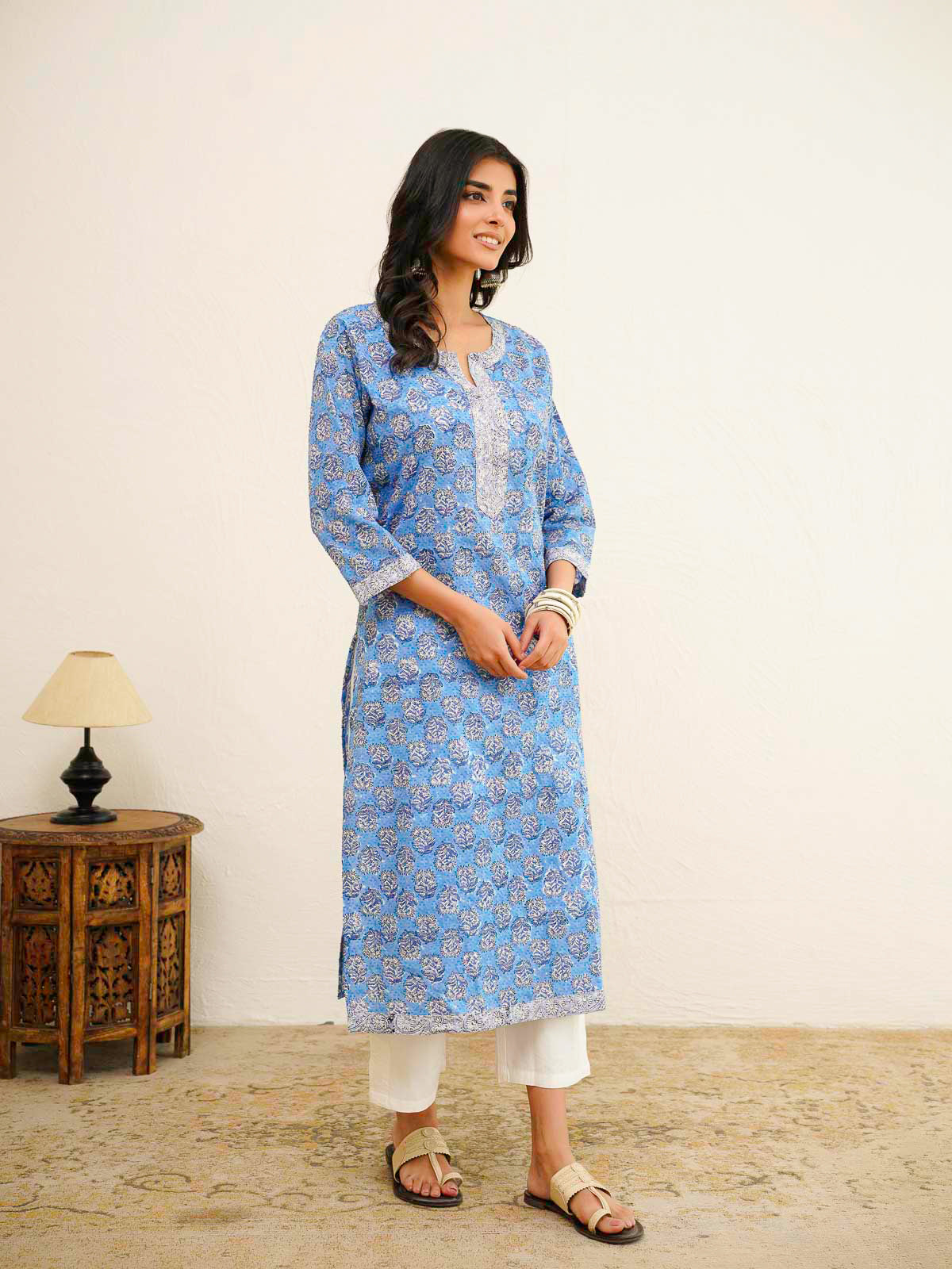 Cotton Block Printed Long Kurta Blue Booty