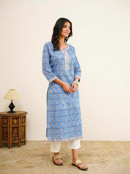 Cotton Block Printed Long Kurta Blue Booty