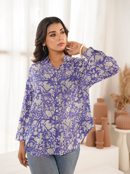 Block Printed Cotton Meher Shirt Blue Jaal
