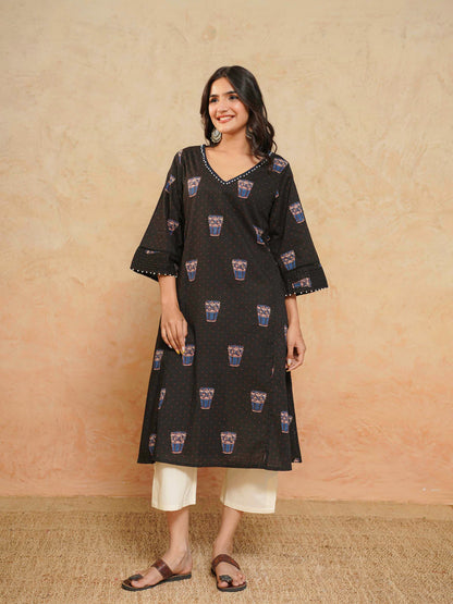 Cotton Printed Ultimate Aline Kurta For Women Black