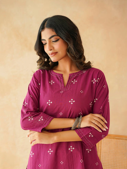 Cotton Printed Kantha Kurta Purple