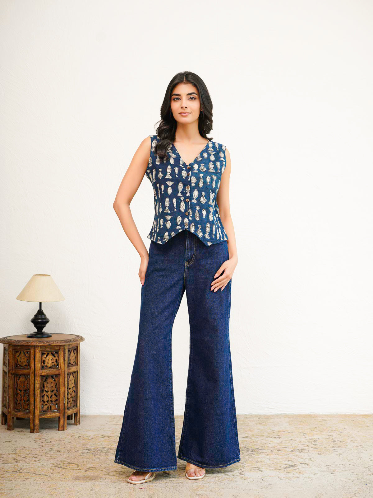 Sleeveless Cotton Block Printed Kothi Top Fish