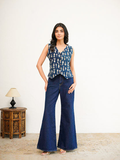 Sleeveless Cotton Block Printed Kothi Top Fish
