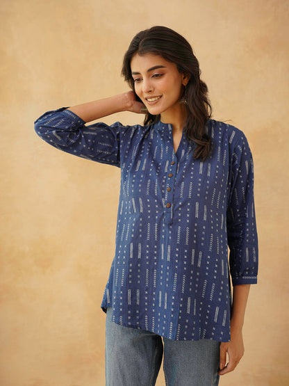 Cotton Printed Everyday Tunic Top For Women Blue Line