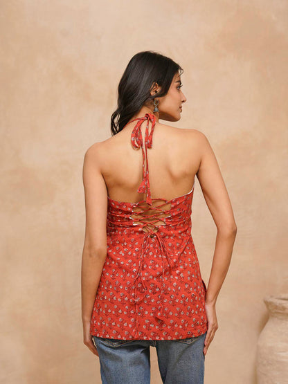 Cotton Printed Stylish Halter Tie-Up Kurti Orange
