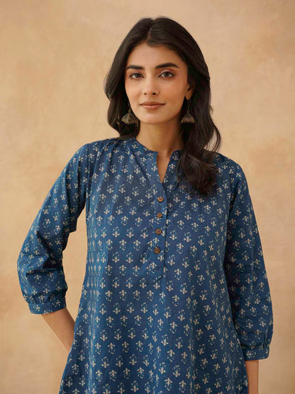 Cotton Printed Everyday Tunic Top For Women Blue Booty