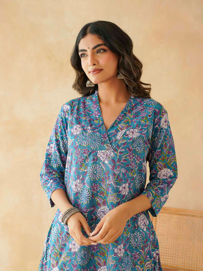 Cotton Printed Straight Kurta Blue Velvet