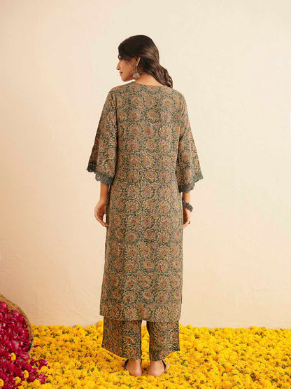 Block Printed Cotton Kurta Pant Bagiya Set Forest Green