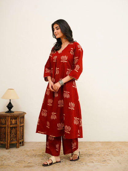 Cotton Printed Noor Aline Set For Women Red