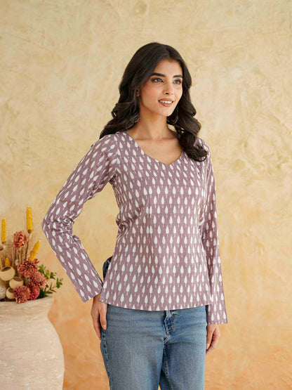 Full Sleeve Cotton Printed Classic Vee Top Purple