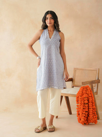 Sleeveless Cotton Halter Neck Kurti Lavander Booty