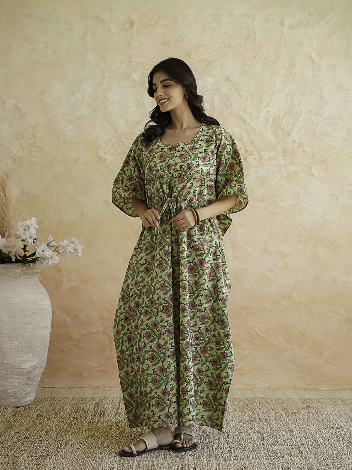 Block-Printed Cotton Long Kaftan Green Jaal