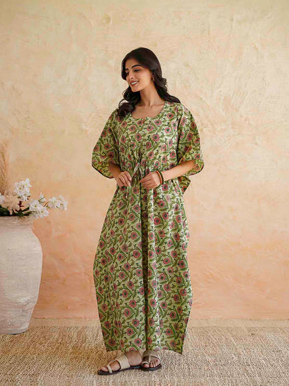 Block-Printed Cotton Long Kaftan Green Jaal