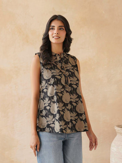 Cotton Printed Sleeveless Tunic Top For Women Black Grey