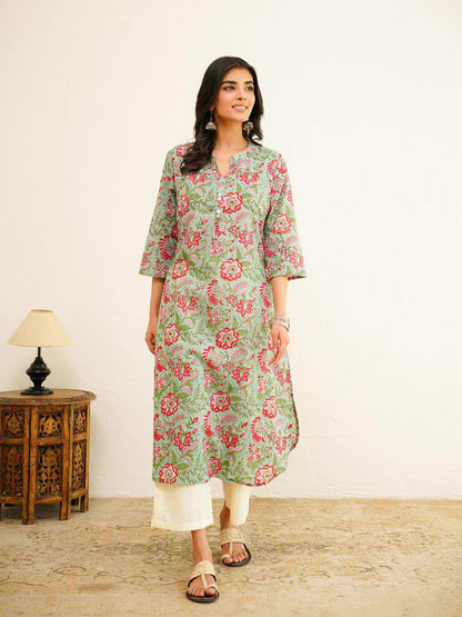 Cotton Pleat Kurta For Women Green Flower