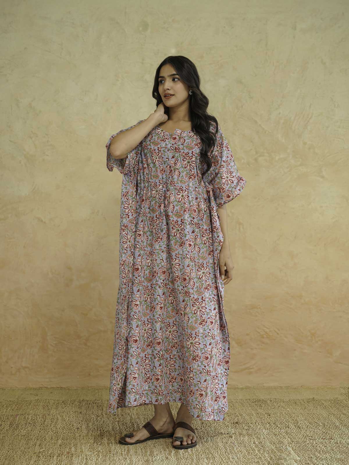 Block-Printed Cotton Long Kaftan Blue Jaal