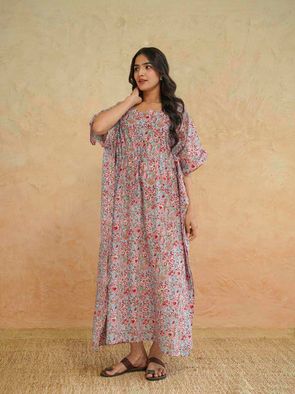 Block-Printed Cotton Long Kaftan Blue Jaal