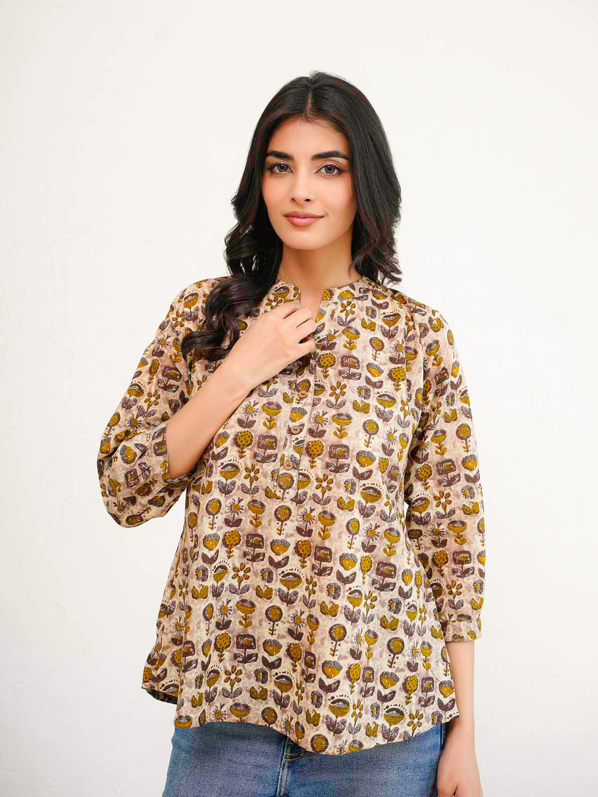 Cotton Printed Everyday Tunic Top For Women Brown