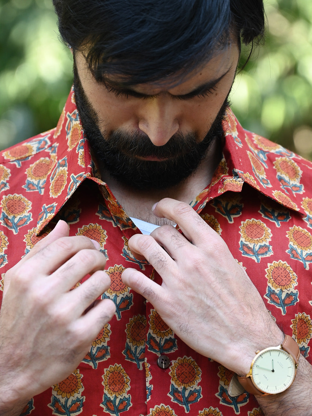 Men's Relaxed Fit Cotton Shirt – Half Sleeves - Red Sunflower