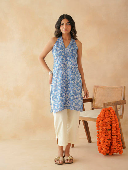 Sleeveless Cotton Halter Neck Kurti Blue