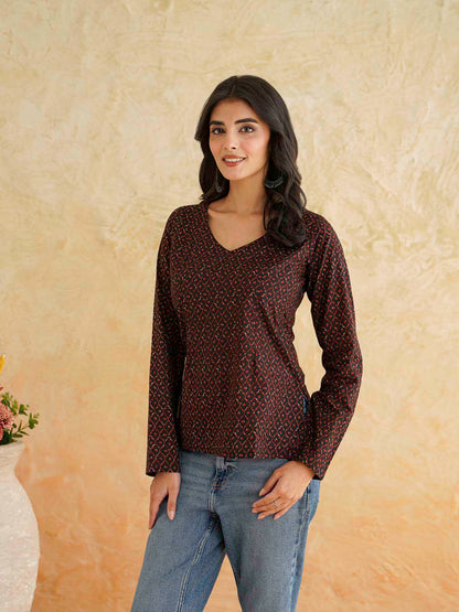 Full Sleeve Cotton Printed Classic Vee Top Black