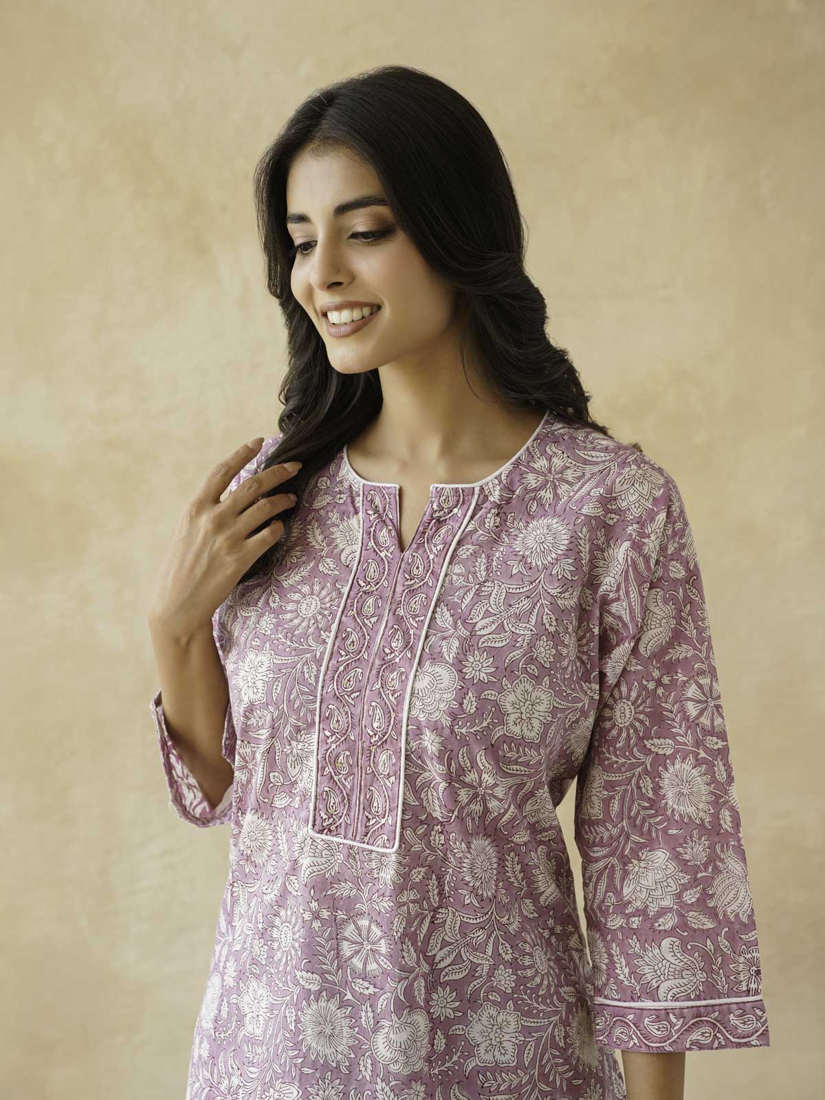 Cotton Printed Sequin Short Kurti For Women Purple