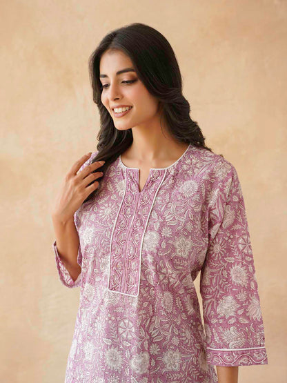 Cotton Printed Sequin Short Kurti For Women Purple