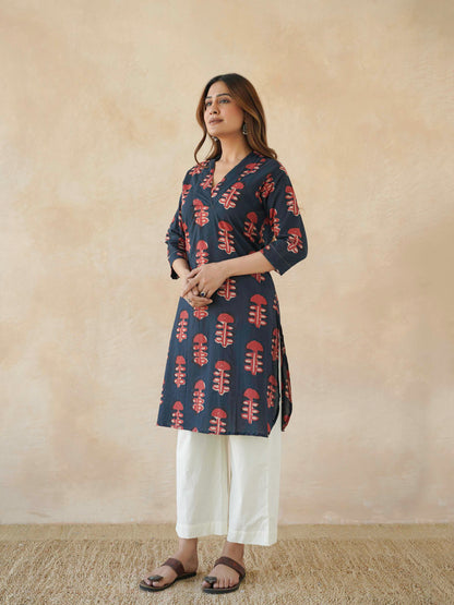 Cotton Printed Straight Kurta Red Coral